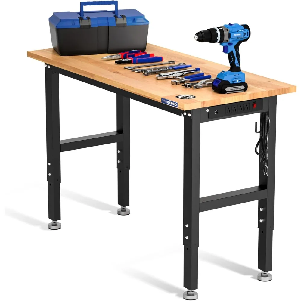 

Adjustable Garage Workbench, 48"x22" Rubber Wood Top Heavy-Duty Work Desk with Power Outlets, Leveling Foot, 5 Heights, 1500 LB
