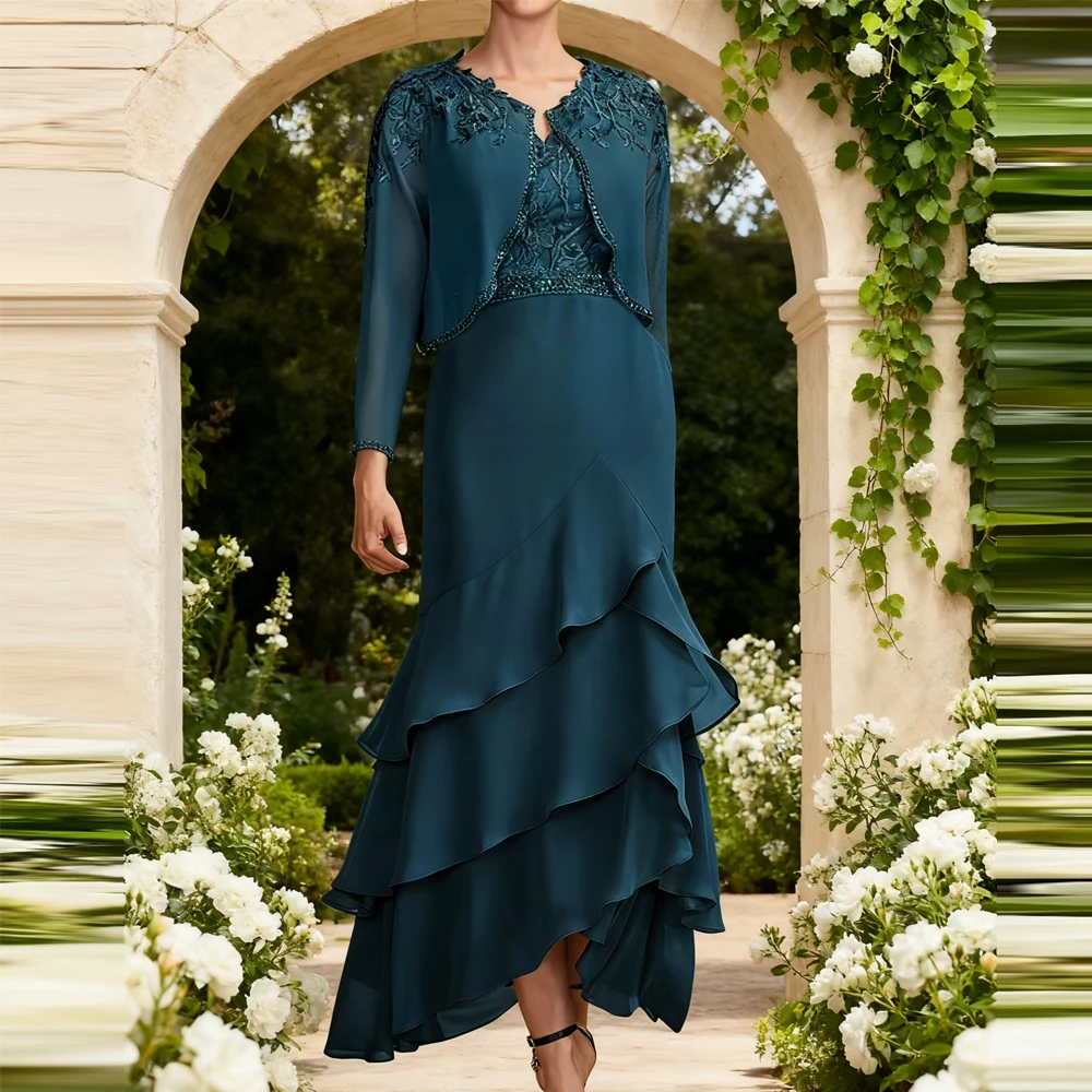 

Customized Lace Mother of The Groom Dresses with Jacket V Neck Long Sleeves Wedding Party Dresses