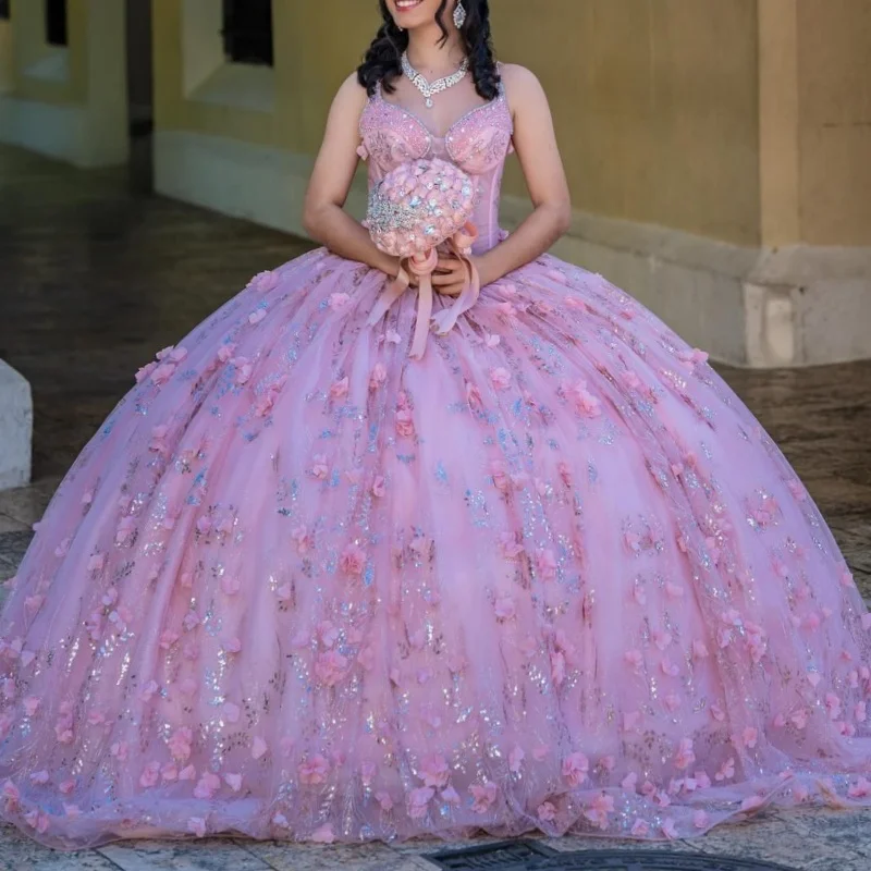 

Pink Quinceanera Dresses Off Shoulder Ball Gown Sweet 16 Dress Spaghetti Strap Applique Flower Beads Tull Corset Birthday Party