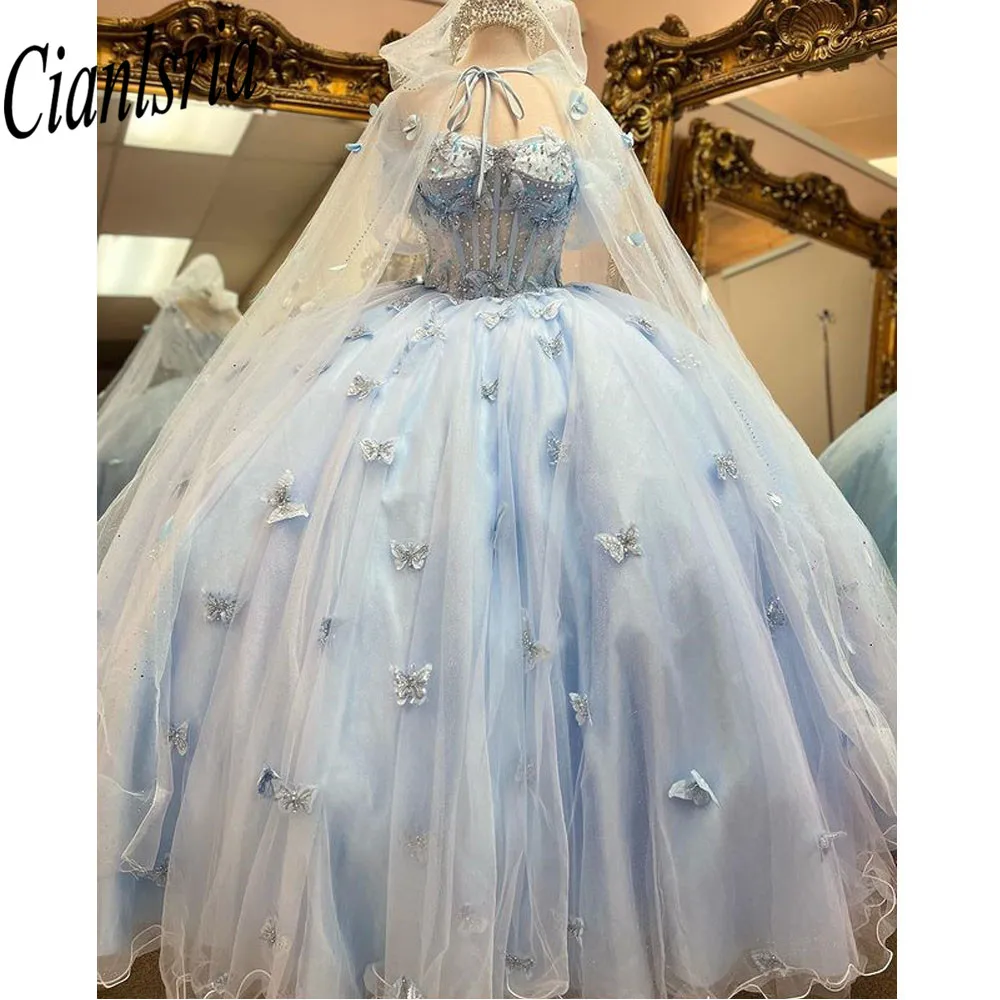 Vestido De quinceañera azul cielo, hombros descubiertos con capas, con apliques De cuentas, 15 años, hecho a medida