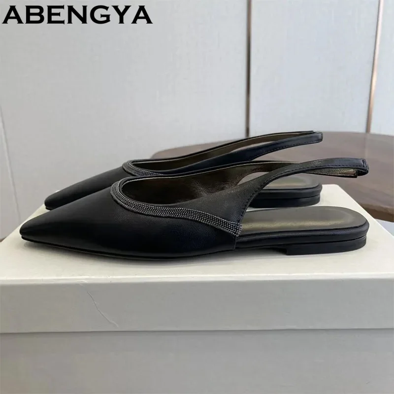 

Summer Ballets Flats Shoes For Women Point Toe Slingbacks Real Leather String Bead Walk Shoes Runway Sandals For Women