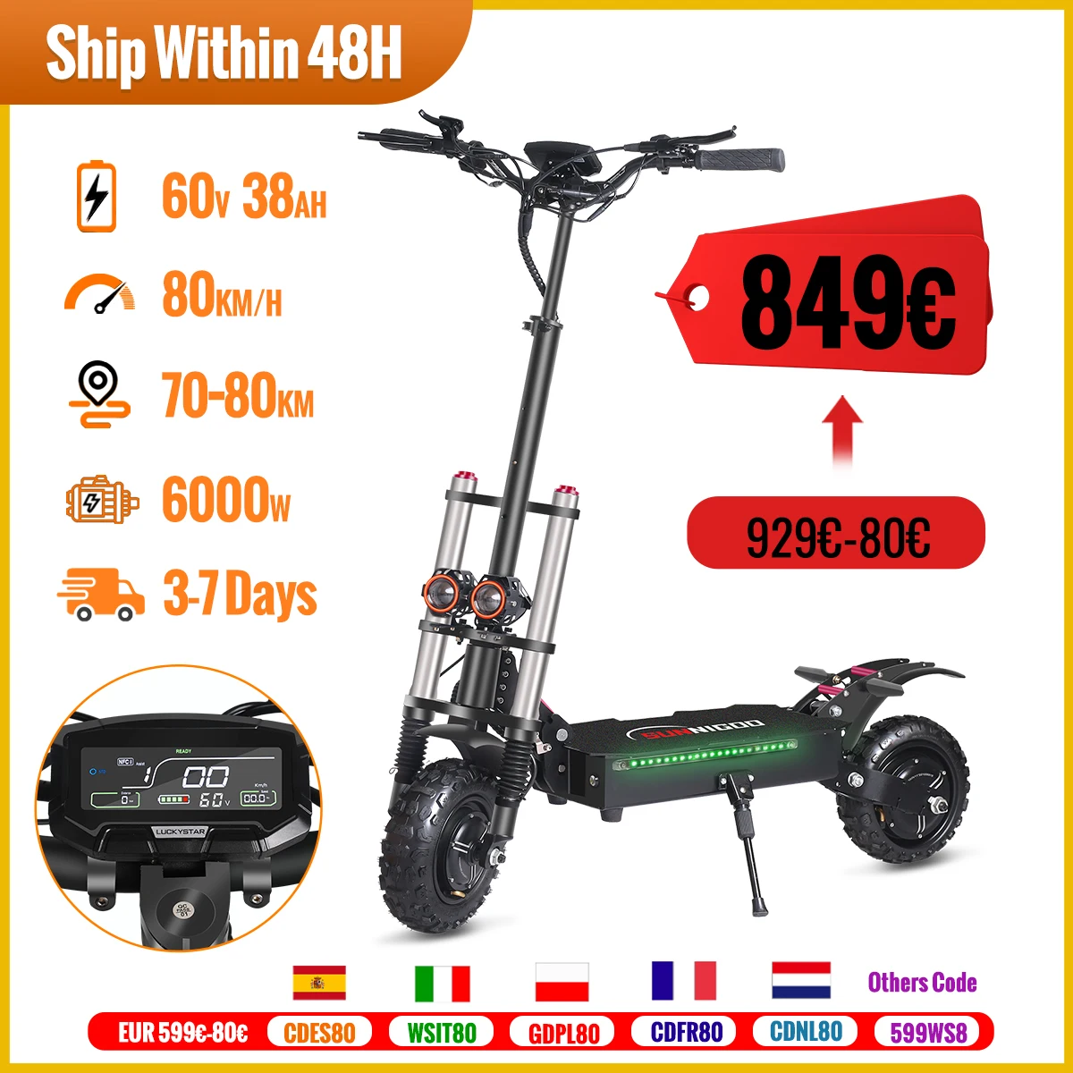 6000W Powerful Electric Scooter 60V 38Ah Max Speed 85km/h 100kmRange 11'' Tires Dual Shock Absorbing Folding EScooter for Adults