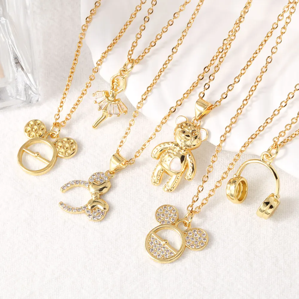 Cute Gold Plated Little Bear Necklace for Women CZ Crystal Fairy Mouse Head Necklaces Tiny Jewelry Gifts nkep40