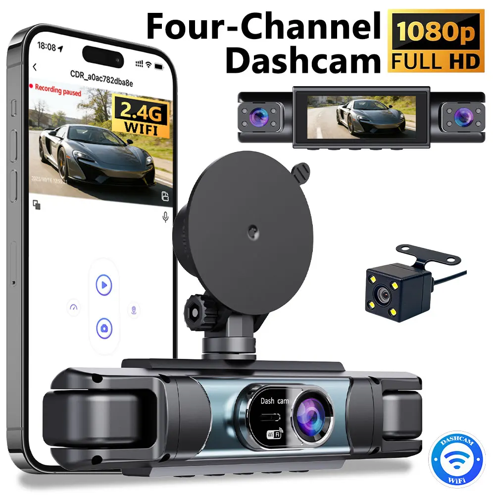 4Channel Dashcam Car DVR HD1080P Super Night Vision WDR WiFi APP Control 360 Wide Angle Loop Recording Car Accessories