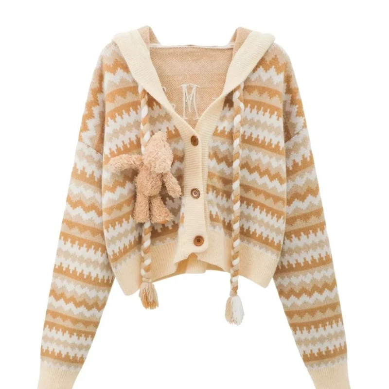 Brown Retro Three-dimensional Teddy Bear Knitted Cardigan Women's Loose Hooded Short Sweater Jacket