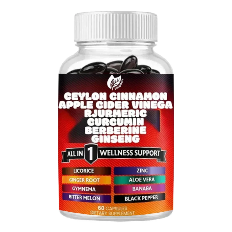 

Капсулы с цейлонской корицей, куркумой, яблочным уксусом, женьшенем, алоэ вера, берберином, бананом и имбирем - 60 штук