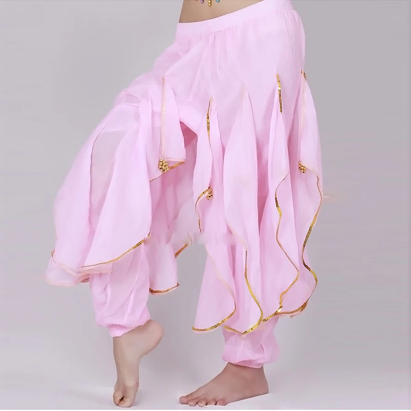 Lange Chiffon Bauchtanz Haremshose Tribal Arabisch Halloween Hose mit Goldbesatz Damen Tanzhose – Detail 9