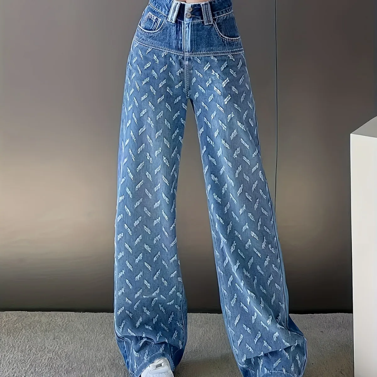 

High Waist Slimming Straw Straight Denim Wide Leg Pants Women's New Loose High Street Hollow Out Design Cowboy Blue Long Pants