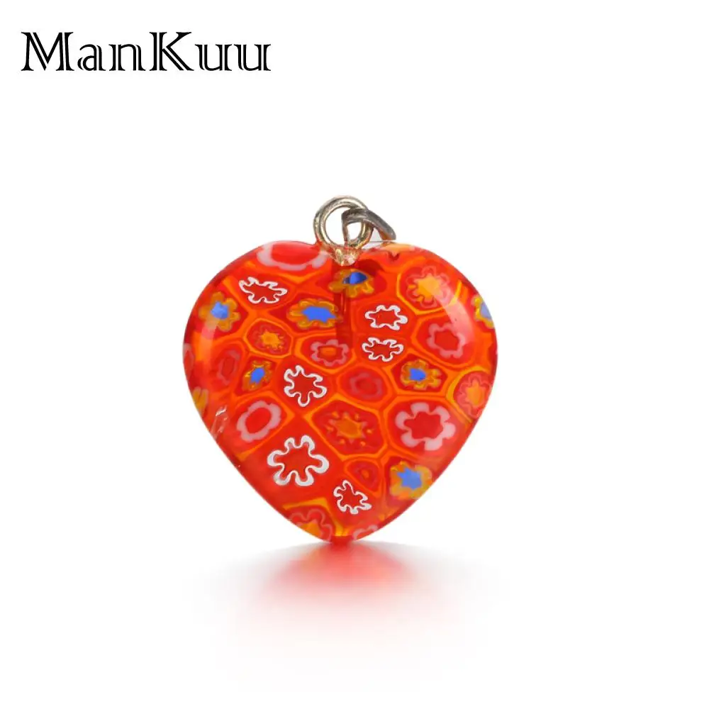 

Mankuru 20mm Murano Glass Heart Pendant Colorful Millefiori Pattern Women Dainty Floral Black Red Green Glass Charm Jewelry