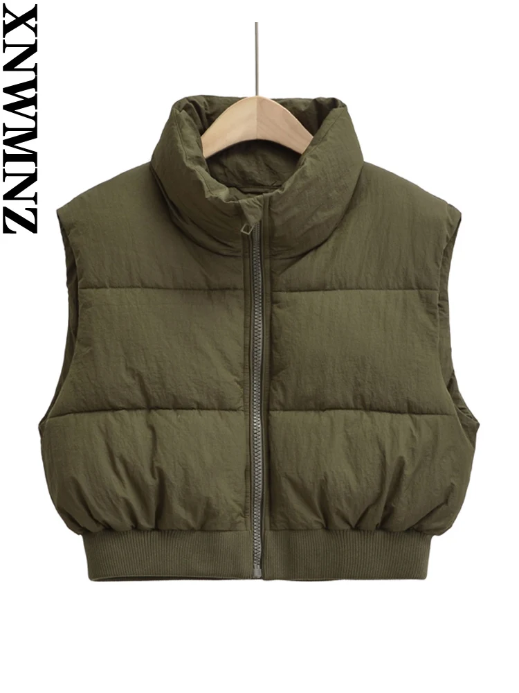 

XNWMNZ Women's Fashion 2023 Autumn/Winter Padded Vest Women Vintage Stand Collar Zipper Elastic Hem Casual Versatile Female Vest