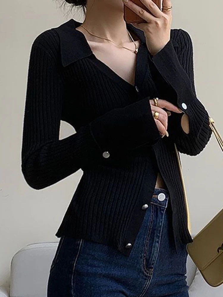 Autumn Knitted Cardigan Women Korean Fashion Polo Collar Sweater Office Ladies Elegant Long Sleeve Single Breasted Slim Knitwear