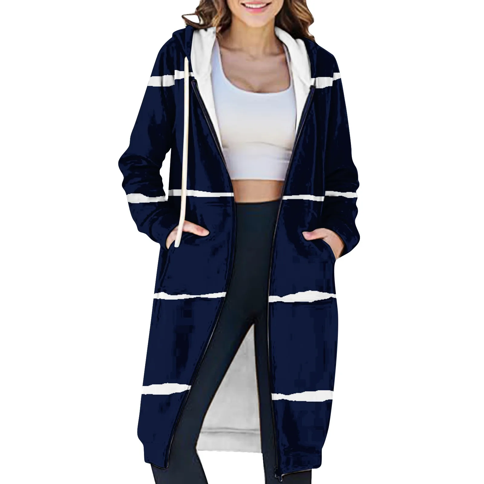 

Women'S Casual Warm Pocket Zipper Hooded Coat Jacket Cardigan Overcoat Winter Knee-Length Contrast Striped Drawstring Outwear