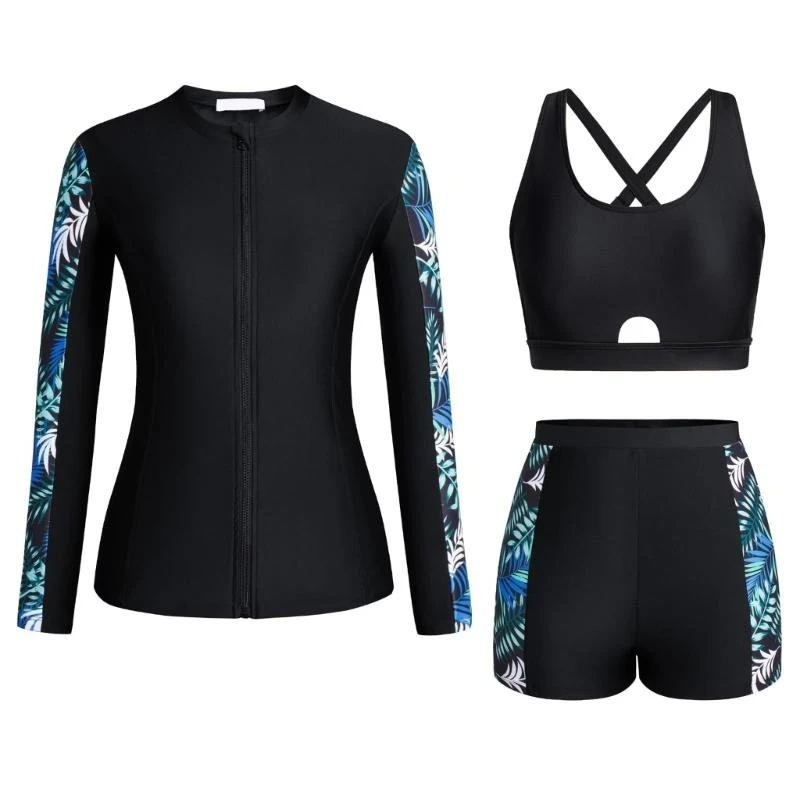 

3pieces Женщины с длинным рукавом набор костюмов с длинным рукавом Top Sports Bra и Trunks