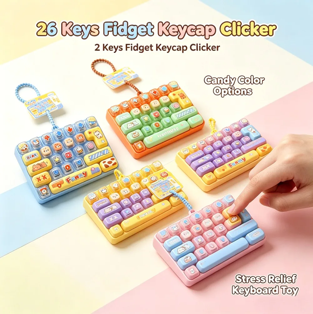 Chaveiro Fidget Clicker de 26 Teclas Cor Macaron Fofo, Mini Teclado Brinquedo Antiestresse, Brinquedo Sensorial Portátil para Dedos e Pingente de Bolsa