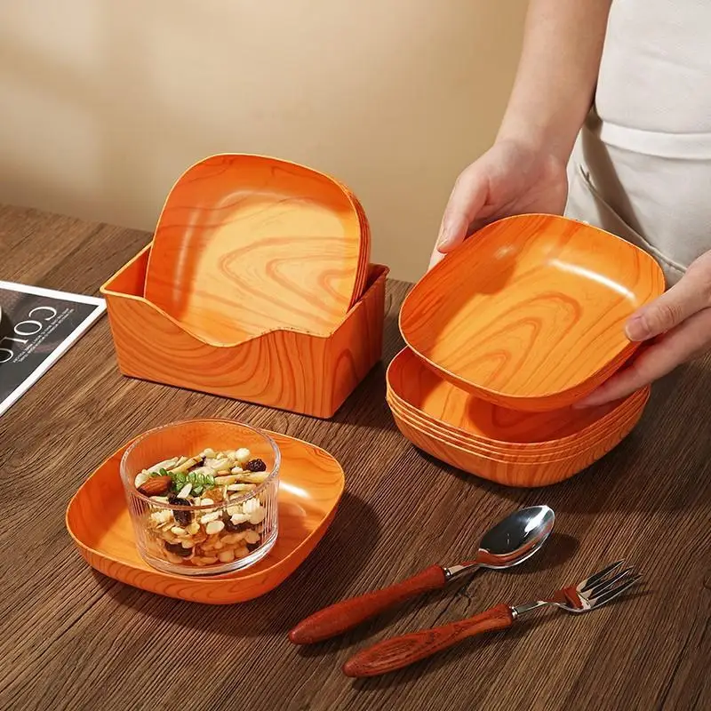 Unbreakable Wood Look Plastic Serving Tray Set With Storage Holder Easy To Clean For Fruit Snack Dessert Kitchen Serving