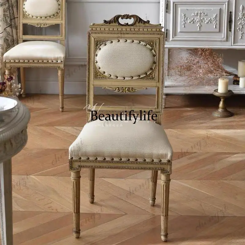 French vintage solid wood dining chairs, American fabric dining chairs, soft-wrapped carved dining chairs