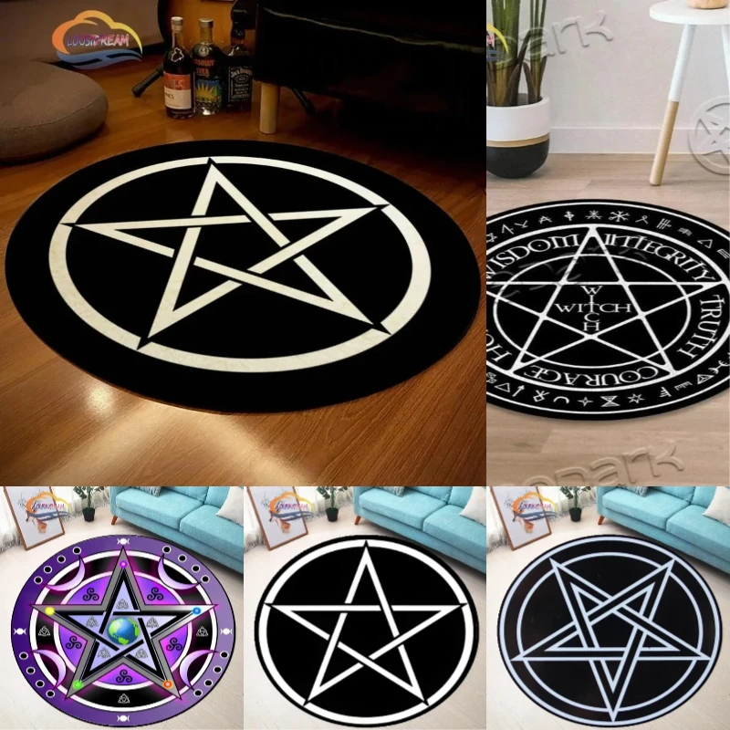 Round Black White Pentagram Magic Circle Carpet Living Room Bedroom Decorative Rug Mysterious Style Home Decoration
