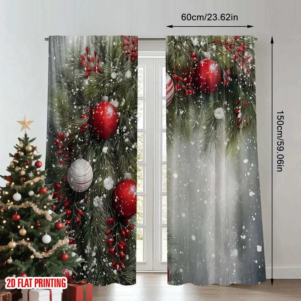 2 قطعة 2D الطباعة المسطحة عيد الميلاد المشهد الستائر عيد الميلاد الصنوبر إبرة كرة الثلج الأحمر طباعة نطاق وأنيق 100% ألياف البوليستر #2