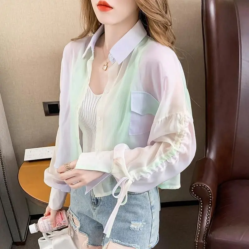 Stylish Lapel Button Spliced Shirring Bandage Bow Color Shirt Female Clothing 2024 Spring New Casual Tops Loose Korean Blouse