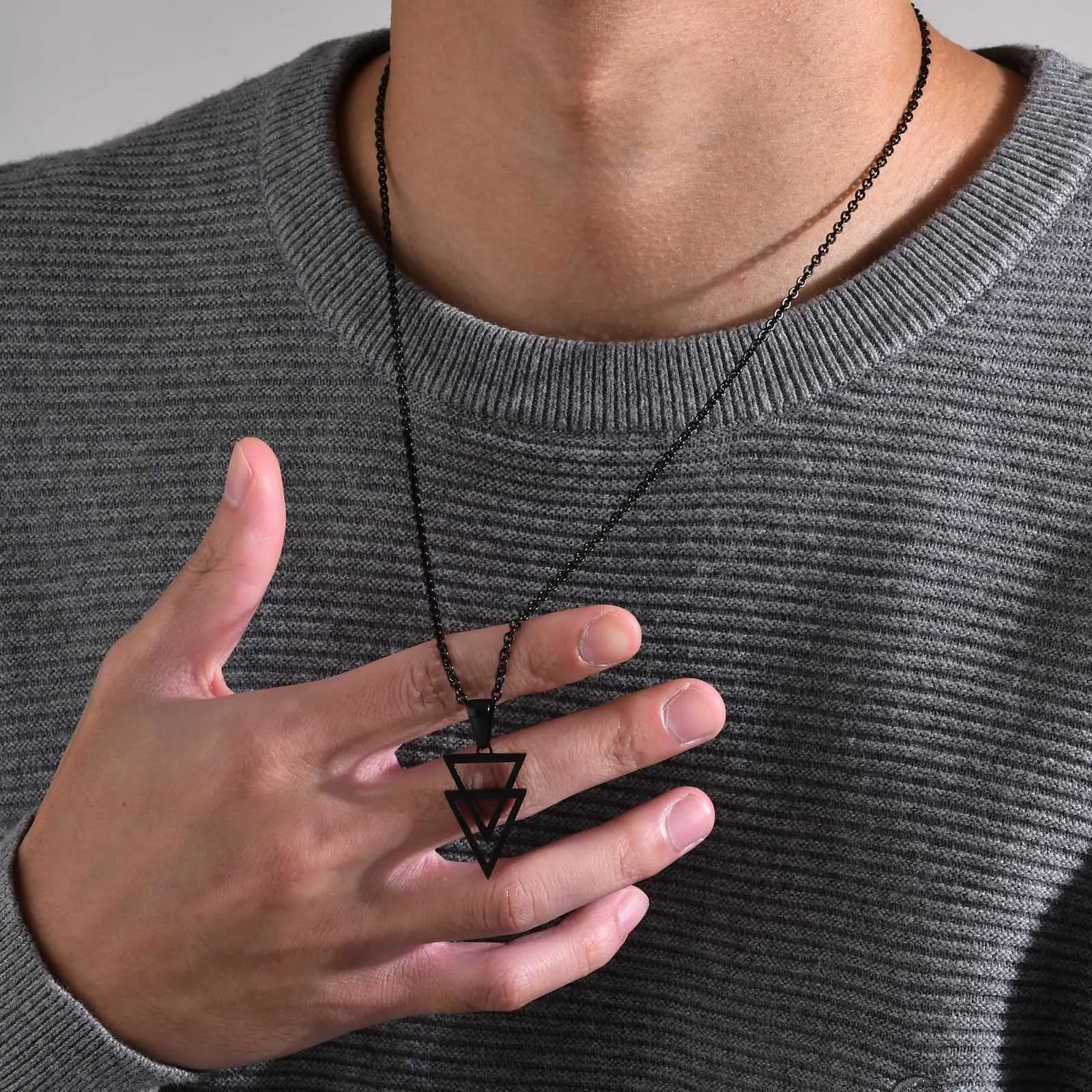 Vnox Hollow Double Triangle Necklaces for Men, Stainless Steel