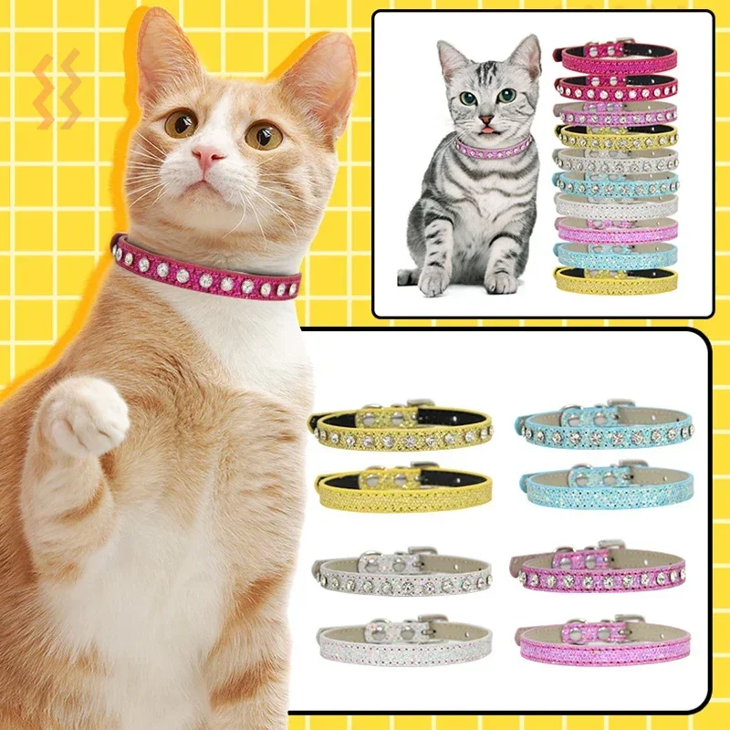 Super Shining Diamond Rhinestone Cat Collar Puppy Baby Dog Cat Collar Leather Strap Kitten Accessories Adjustable Cat Necklace