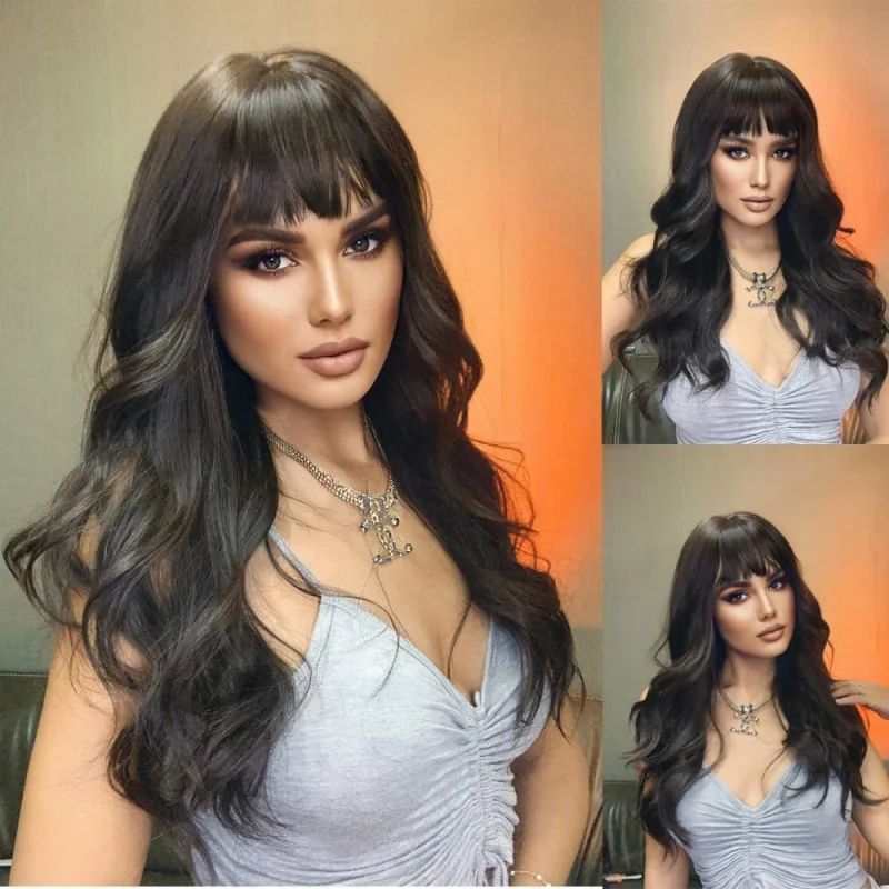 Women's wig with bangs, long wavy synthetic , body wave hair