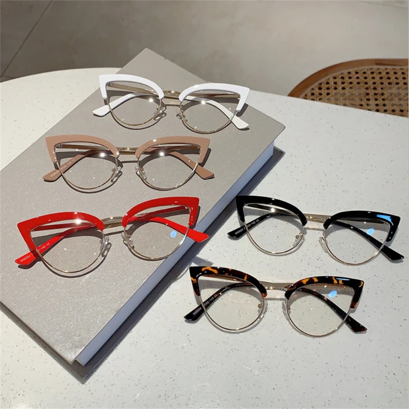 New Vintage Cat Eye Glasses Frame New Stylish Semi Metal Rim Women Eyewear Trendy Brand Design Non-prescription Eyeglasses Очки
