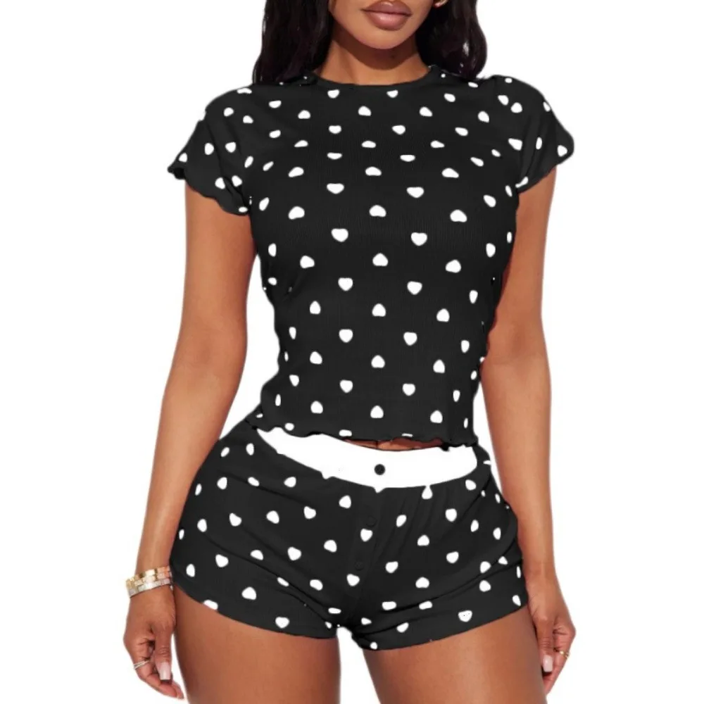 

Soft Sweet Short Sleeve Pajamas Set Thin Euffle Camisole Shorts Nightdress Homewear Heart Two Pieces Nightwear Indoor