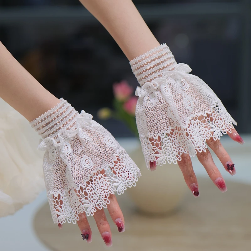 Lolita Detachable Hand Sleeves Bridal Wrist Decorative Fake Cuffs Lace Fingerless Gloves For Cosplay Party