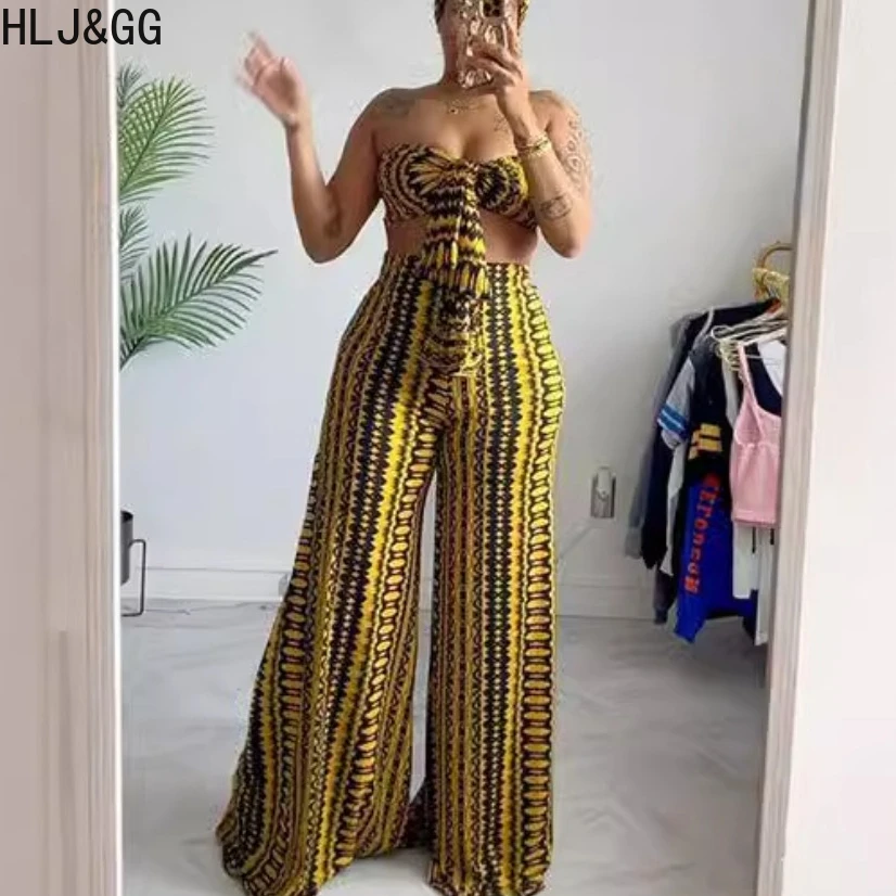 

HLJ&GG Yellow Sexy Print Wide Leg Pants Two Piece Sets Women Sleeveless Backless Bandage Tube And Pants Outfit Female Streetwear