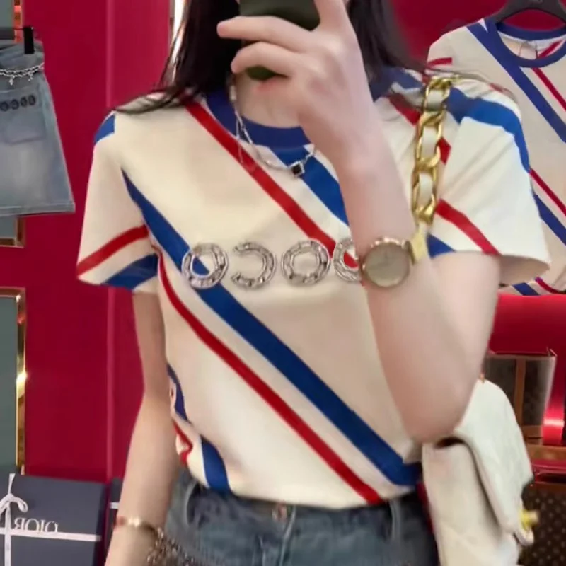 

Heavy-Embroidered ort-Sve Women's T-irt Faionable Korean Sle round Ne Commute Wind Summer New Arrival Versatile