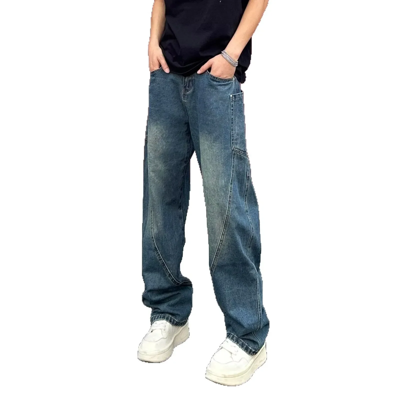 Hippie Pants Men's Baggy Jeans Summer Wide Leg Skater Denim Pants Casual Loose Fit Trend Long Trousers Streetwear
