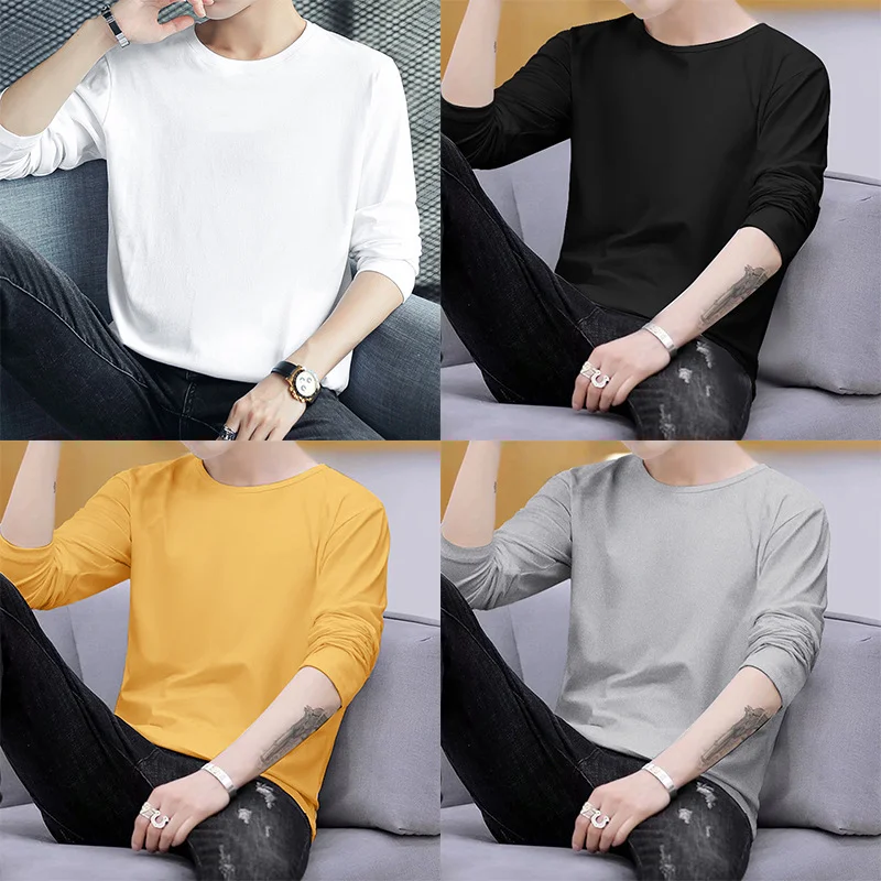 Men Pure Color Long Sleeve Spring Autumn Style Casual Versatile Trendy T-shirt Round Neck Base Clothing