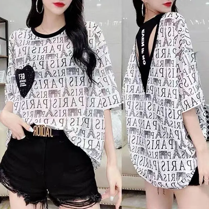 Summer Thin Streetwear T-shirt Fashion Letter Cartoon Printed Female Clothing Loose Backless Patchwork Chic Diamonds Pullovers