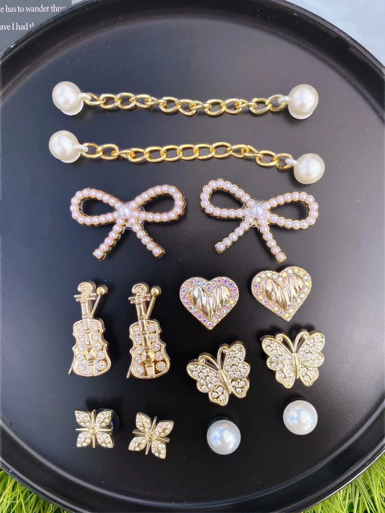 골든 ABS 비드 체인 14개, 활, 바이올린, 하트, 나비, 비즈 및 기타 ABS 수지 신발 버클, DIY 장식