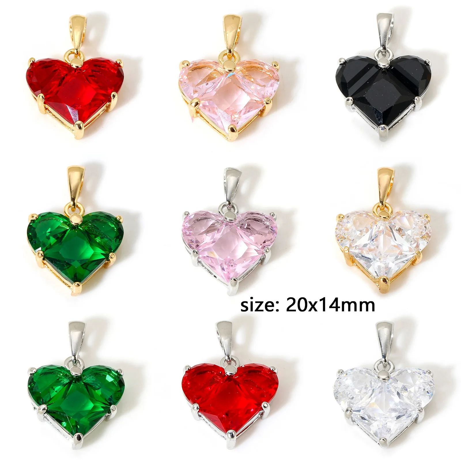 1pc New Mini Brass Charms Gold Color Valentine\'s Day Heart Multicolour Cubic Zirconia Pendant DIY Necklace Jewelry 20mm x 14mm
