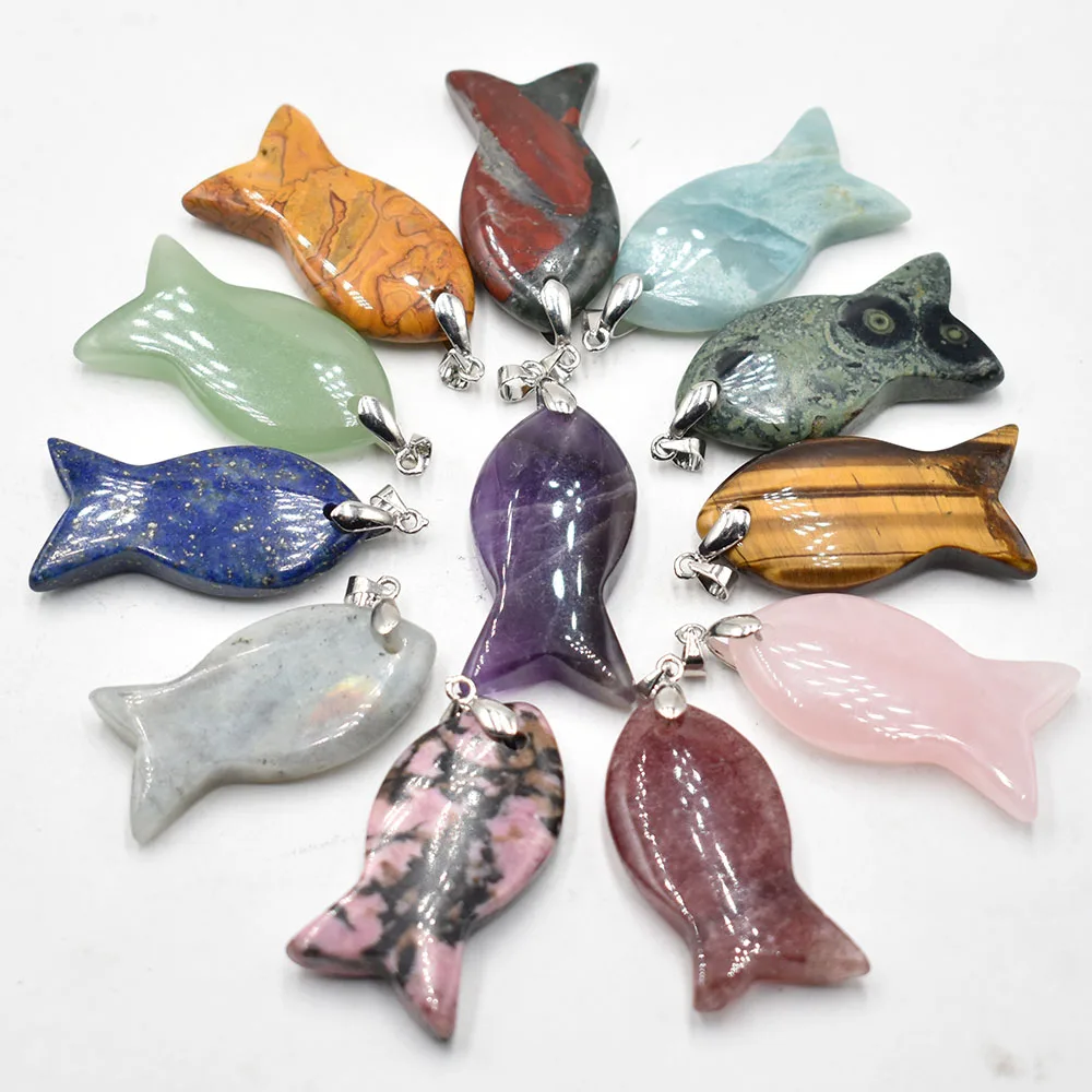 

wholesale 12pcs/lot Fashion good quality Natural stone mix fish shape pendants for jewelry Accessories making free shipping