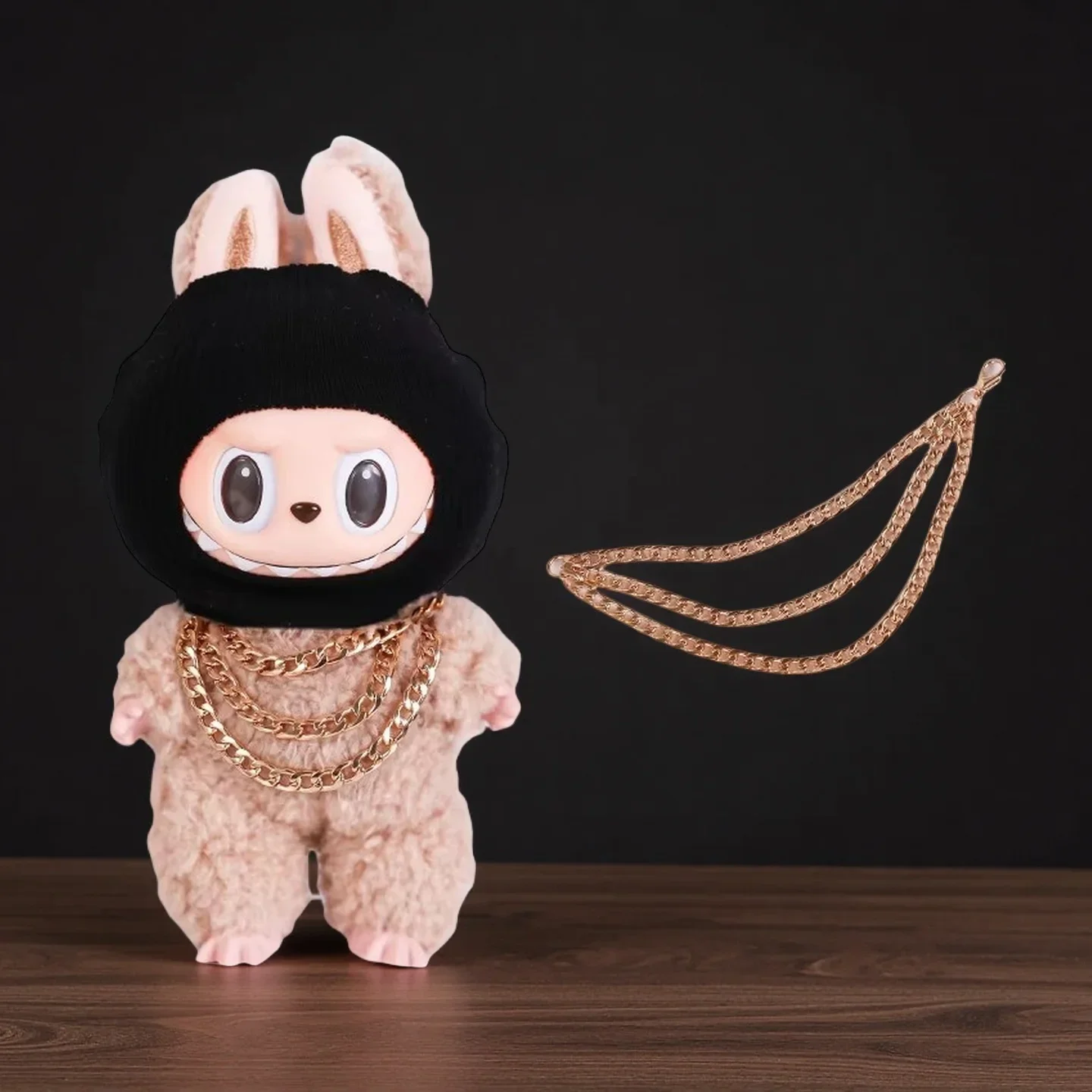 For 17cm Labubu Doll Accessory Black Masked Hood Headband Knit Hat Large Gold Chain Trendy Toy Doll Accessories