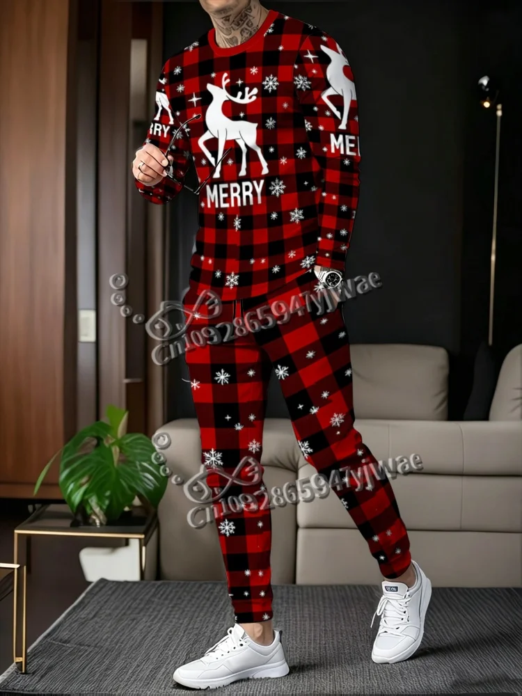 Red Black Grid Elk Print Christmas Outfit Autumn Winter Women Men Long Sleeve Trouser Set Merry Christmas Gift Men's 2 Piece Set