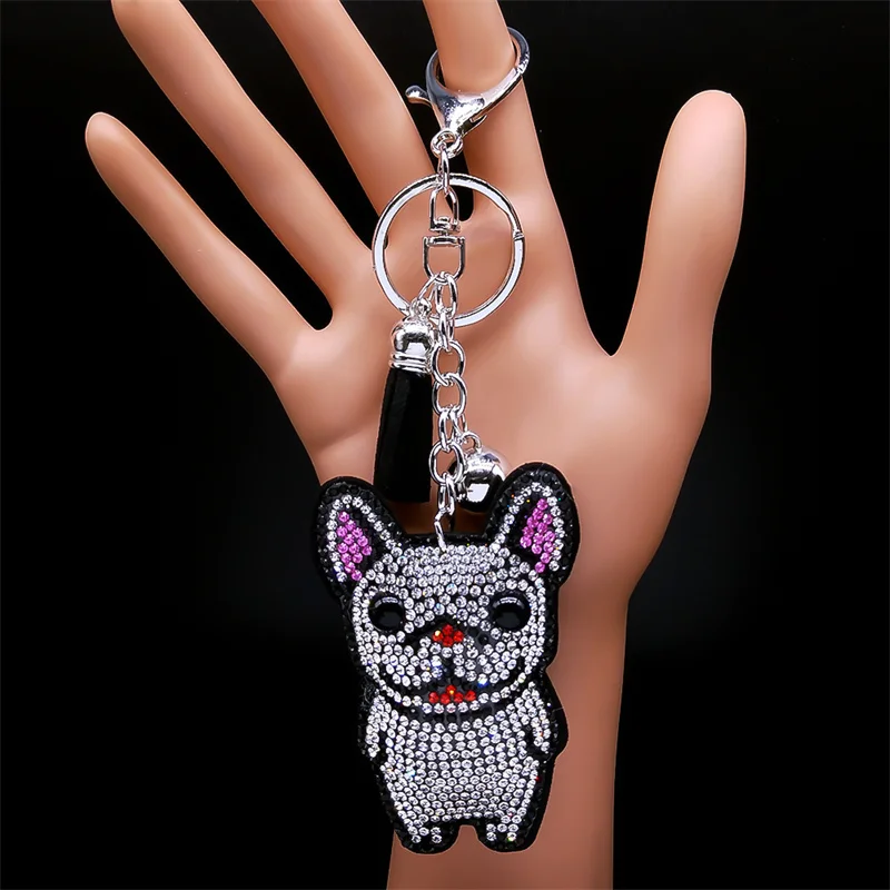 Cute French Bulldog Crystal Tassel Keychain Bag Accessories Lovely Animal Dog Keyring Holder Pet Lover Gift Jewelry porte clé