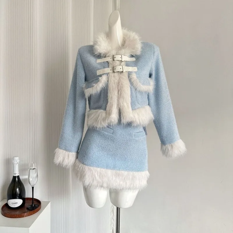 Blue Furry Suits Elegant Fur Collar Plush Splicing Thicken Jacket Coat Top Short A-line Skirt New Winter Women's Two-piece Set