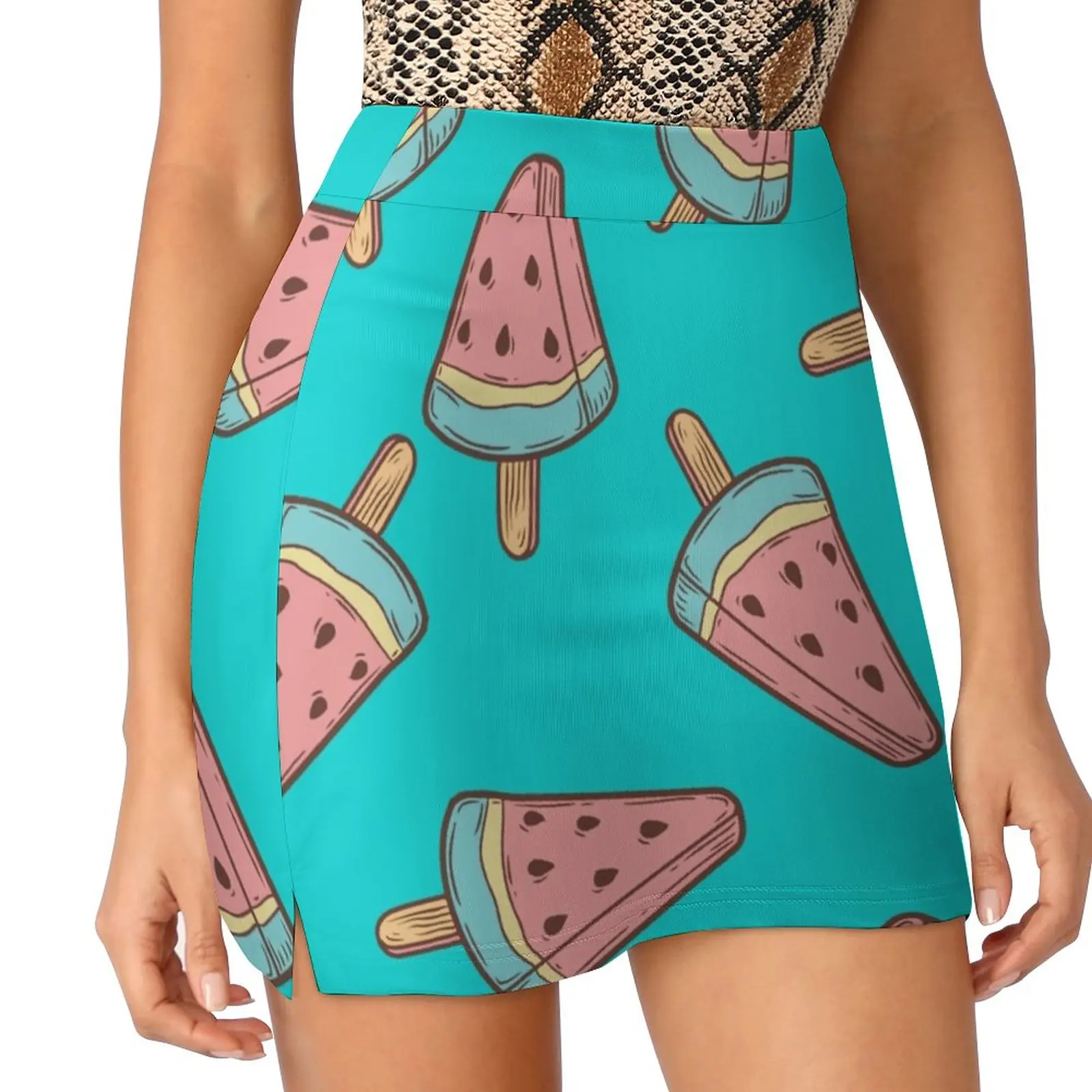 Ice Cream , Watermelon Popsicle Dessert Food Vector Women's skirt With Pocket Vintage Skirt Printing A Line Skirts Summer