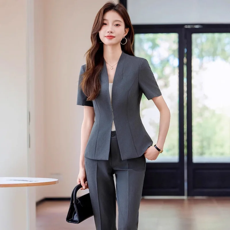 

Navy Blue Short Sleeve Suit Professional Set for Women Summer New Hotel Reception Uniform Waitress Workwear