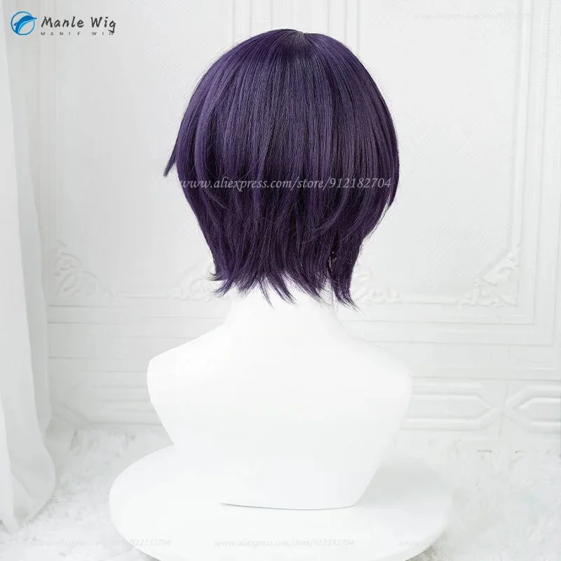 ES Shinobu Sengoku الظلام تأثيري الباروكات 30 سنتيمتر الأرجواني الأصفر مقاومة للحرارة الاصطناعية الشعر أنيمي + غطاء شعر مستعار vc5;'6gh,;