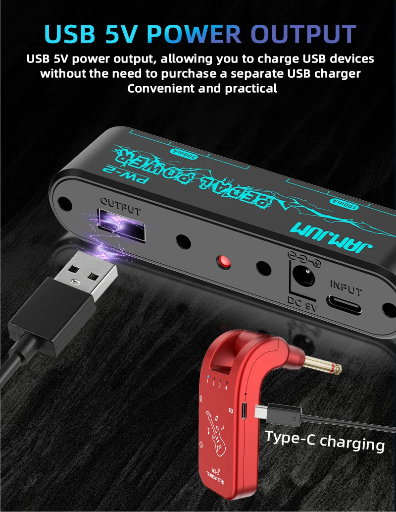 JAMJUM PW-2 Low Noise Guitar Pedal Power Supply, Dual Input Type-C/DC 9V, Compact Effector Power Adapter