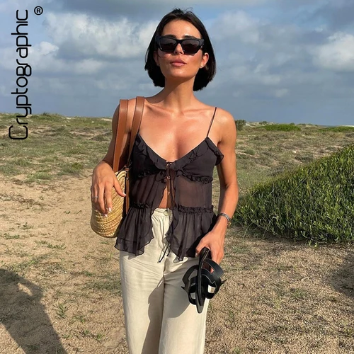 Imagen 1 del producto Criptográfico verano sin mangas gasa detalle de corbata Cami Tops ajustado Y2K Rave Festival dobladillo con volantes sin espalda transparente Sexy recortado Tops