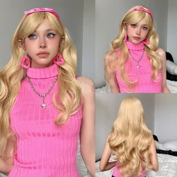 Lolita Blonde Wigs Long Curly Wavy Synthetic with Bangs Blonde Party Daily Wig Hair for Women Girls Heat Resistant Fiber