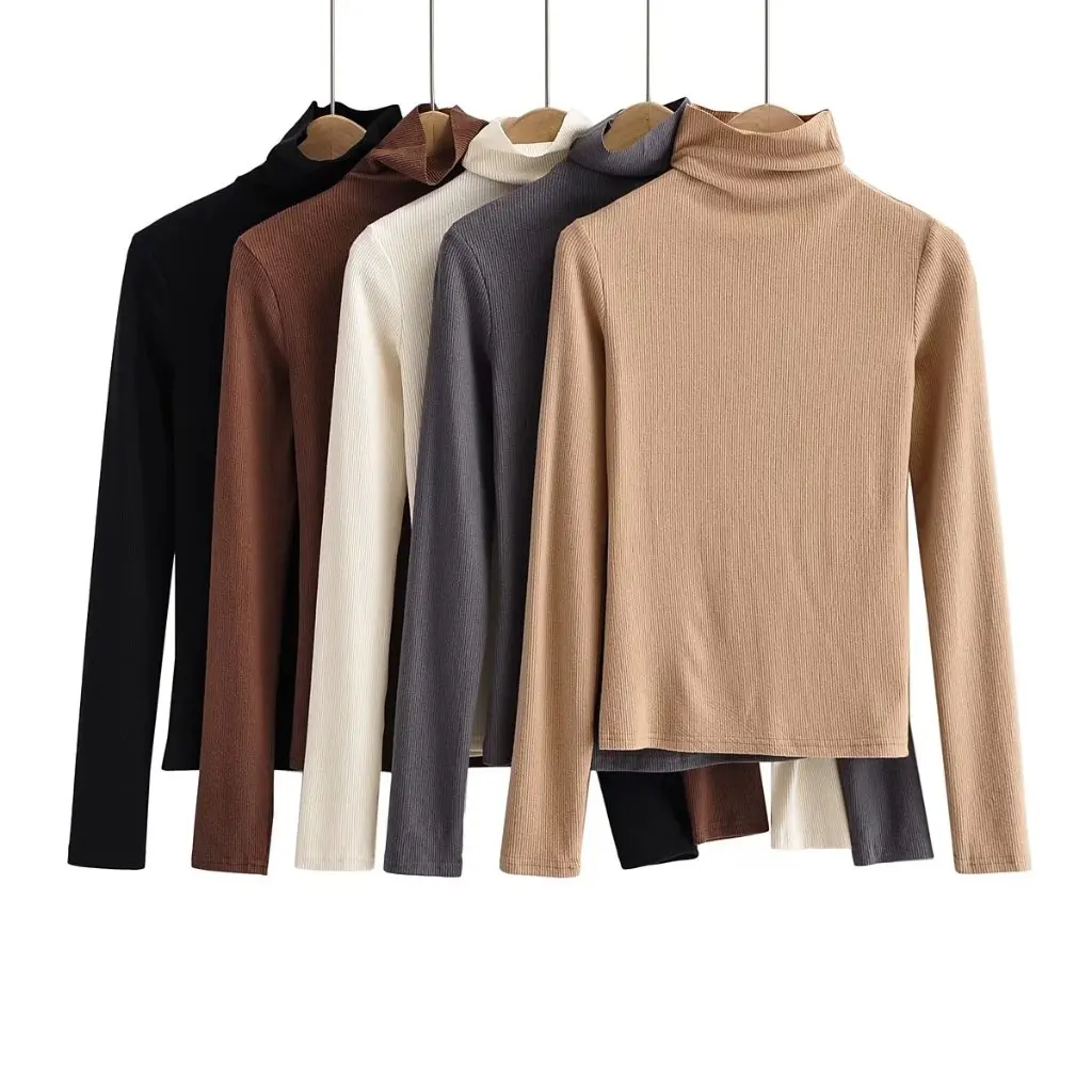 

Women's High Neck Slim-fit Long-sleeve Knit Shirt Solid Color Base Layer Autumn Stretch Short Knitwear