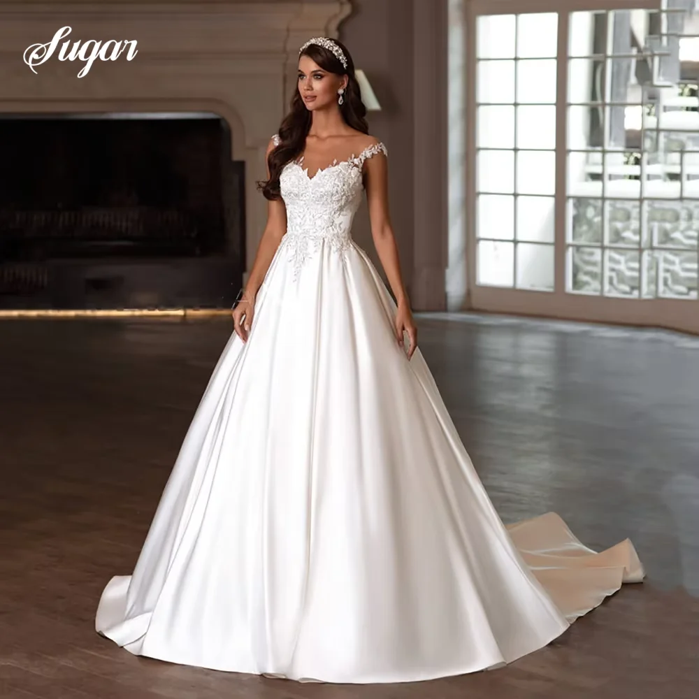 Wedding Dress 2026 Ball Gown Satin V-Neck appliqués Bridal Dress Illusion Backless Satin A-line Corset Bridal Dress Customized