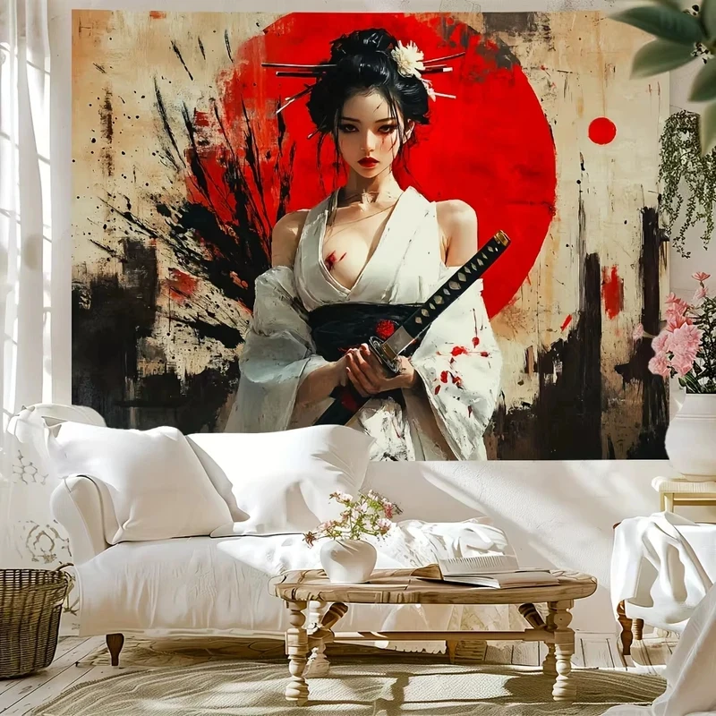 VIKAMA Art Deco Mystery Tapestry, Blood Knife Coat Woman Print On Polyester, Reusable Wall Hanging For Home Decor